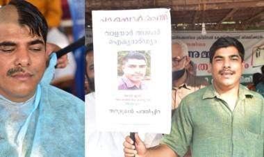 ആറുമുഖന്‍ പത്തിച്ചിറ പാതിതലമുണ്ഡനം ചെയ്തും മീശവടിച്ചും പ്രധിഷേധിച്ചു