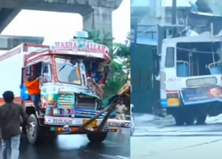 ആലുവ മുട്ടത്ത് കണ്ടെയ്നര്‍ ലോറിയും കെഎസ്ആര്‍ടിസി ബസും തമ്മില്‍ കൂട്ടിയിടിച്ചു അപകടം ; ആറു പേര്‍ക്ക് പരുക്ക്